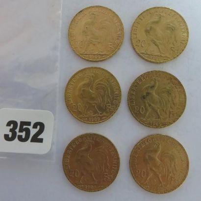 Monnaies or - Lot de 6 x 20 Francs Coq 1909...