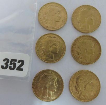 Monnaies or - Lot de 6 x 20 Francs Coq 1909...