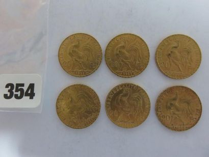 Monnaies or - Lot de 6 x 20 Francs Coq 1911...