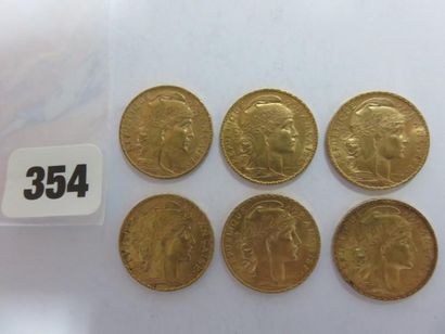 Monnaies or - Lot de 6 x 20 Francs Coq 1911...