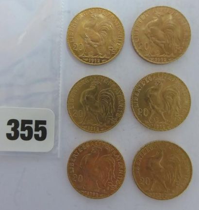 Monnaies or - Lot de 6 x 20 Francs Coq 1912...