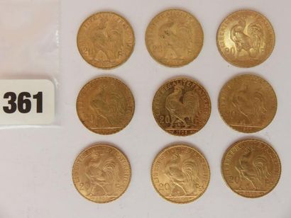 Monnaies or - Lot de 9 x 20 Francs Coq TTB+...