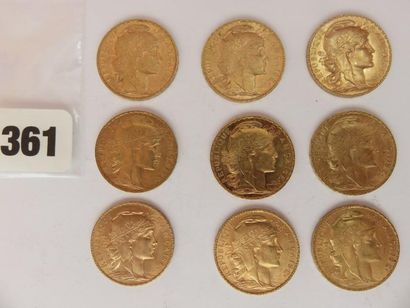 Monnaies or - Lot de 9 x 20 Francs Coq TTB+...