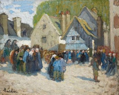 RÉOL Marie, 1880-1963 Place de village animée...