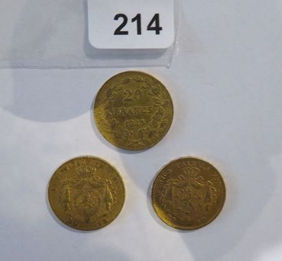 Monnaies or - Belgique - Lot de 3 x 20 Francs...