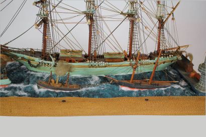 Scène de port. Diorama sous vitrine. Cinq...