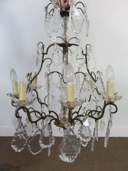 Lustre cage en bronze à huit bras de lumière,...
