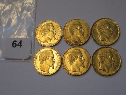 Monnaies or - Lot de 6 x 20 Francs Napoléon...