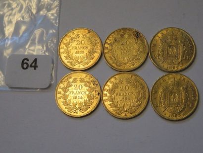 Monnaies or - Lot de 6 x 20 Francs Napoléon...