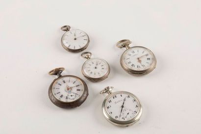 Lot de cinq montres de poche en argent et...