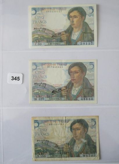 Billets - France - Lot de 3 x 5 Francs Berger,...
