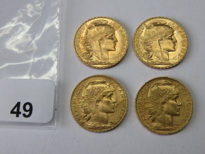 Monnaies or - Lot de 4 x 20 Francs Coq, tranche...