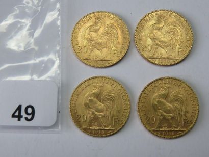 Monnaies or - Lot de 4 x 20 Francs Coq, tranche...