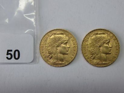Monnaies or - Lot de 2 x 20 Francs Coq, tranche...