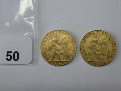 Monnaies or - Lot de 2 x 20 Francs Coq, tranche...