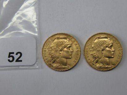 Monnaies or - Lot de 2 x 20 Francs Coq, tranche...