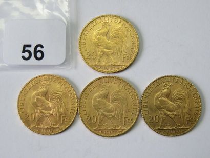 Monnaies or - Lot de 4 x 20 Francs Coq (1906...