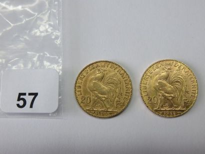 Monnaies or - Lot de 2 x 20 Francs Coq, 1904...