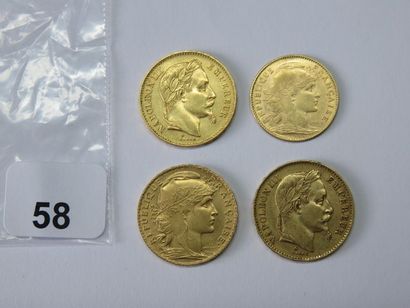 Monnaies or - Lot de 4 monnaies, 3 x 20 Francs...
