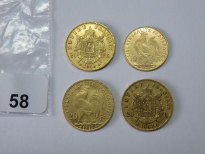 Monnaies or - Lot de 4 monnaies, 3 x 20 Francs...