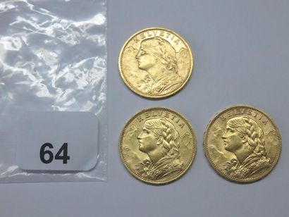 Monnaies or - Suisse - Lot de 3 x 20 Francs,1914...