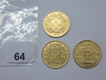 Monnaies or - Suisse - Lot de 3 x 20 Francs,1914...