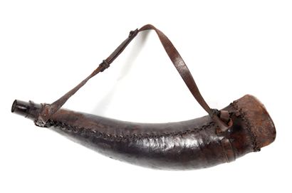 Large horn 

leather covered powder flask...