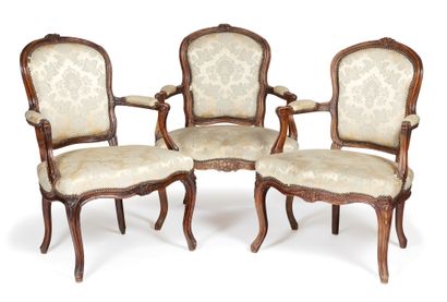 Three armchairs
with cabriolet back in natural...