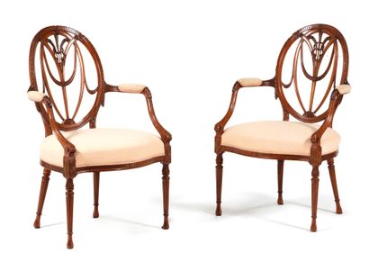 Pair of armchairs
in fruit wood with openwork...