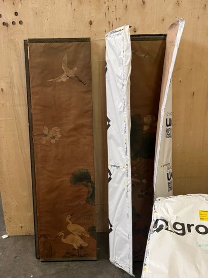 Two 6-leaf paper screens decorated with birds...
