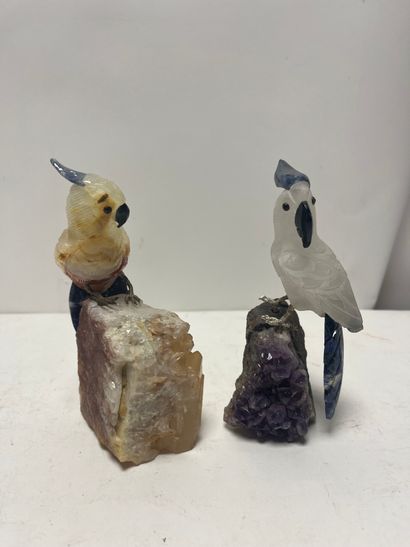 Two rock crystal and lapis lazuli parrot...