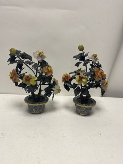Two small trees in hard stone and their cloisonné...