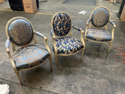 Suite of three medallion armchairs in cream...