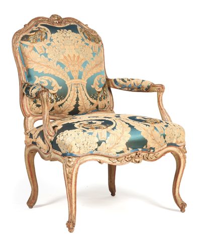 Flat-backed armchair in cream rechambered...