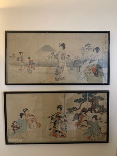 Ensemble de six estampes japonaises montées...