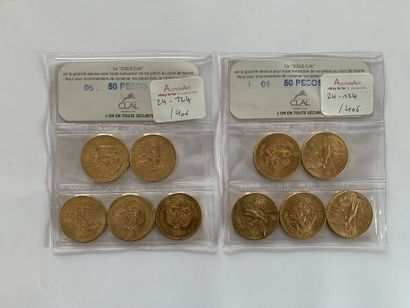 10 gold 50 Pesos coins, 1947 (10), sealed...