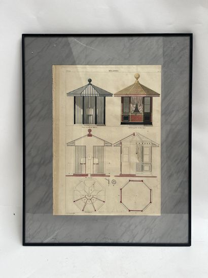 Set of framed pieces including four engravings...
