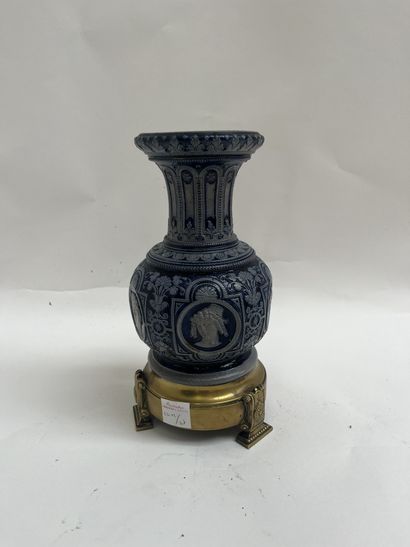 Blue and gray enameled stoneware vase with...