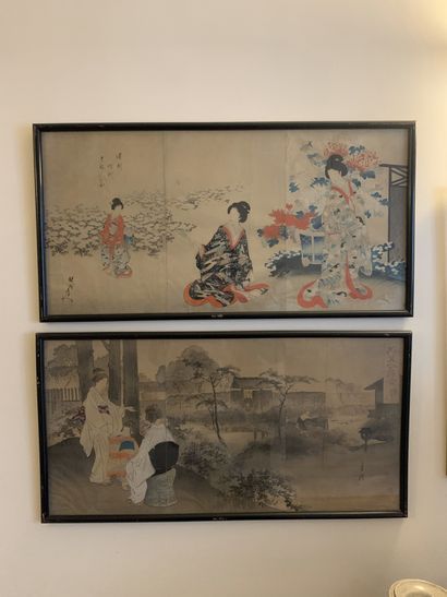 Ensemble de six estampes japonaises montées...