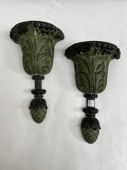 Pair of green lacquered carved wood wall...