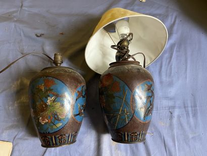 Deux pieds de lampe en bronze cloisonné à...