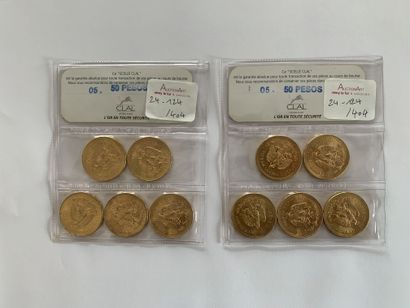10 gold 50 Pesos coins, 1945 (1), 1947 (9),...
