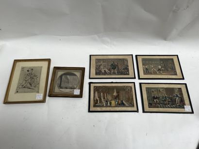 Set of framed pieces including four engravings...