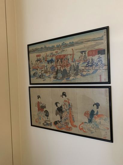 Ensemble de six estampes japonaises montées...