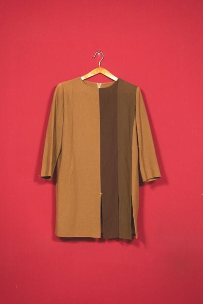Created by Pierre CARDIN. 
Brown crepe tunic...