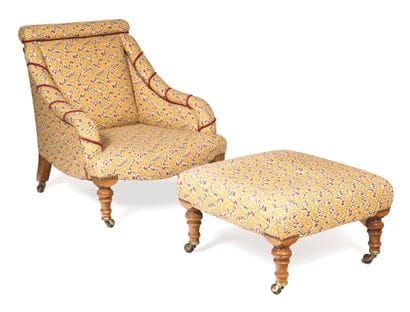 Fireside chair and footrest, in printed cotton...