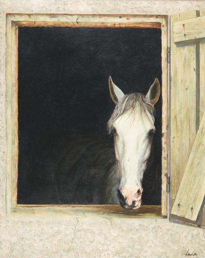 20th century school 
White horse at the stable
Oil...