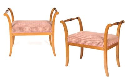 Pair of curved stools in natural molded wood,...