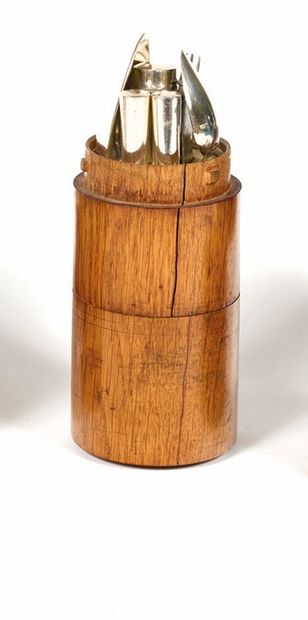 Small cylindrical wooden travel case with...