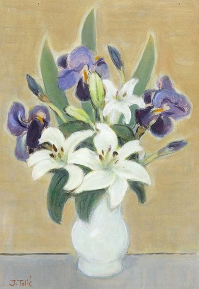 J. TOLIC 
Bouquet de lys et iris 
Huile sur...